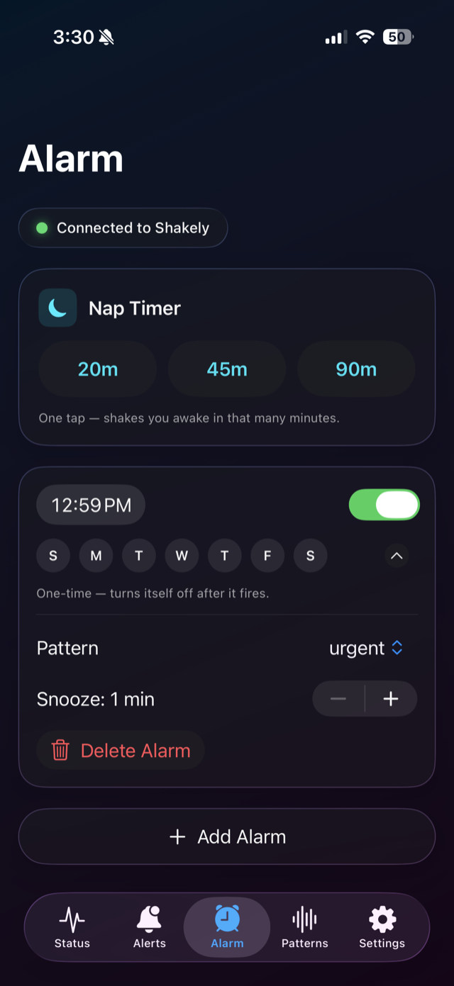 Shakely Alarm screen — nap timer and alarms with repeat days and snooze
