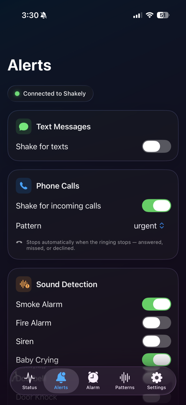 Shakely Alerts screen — texts, calls, and sound detection toggles