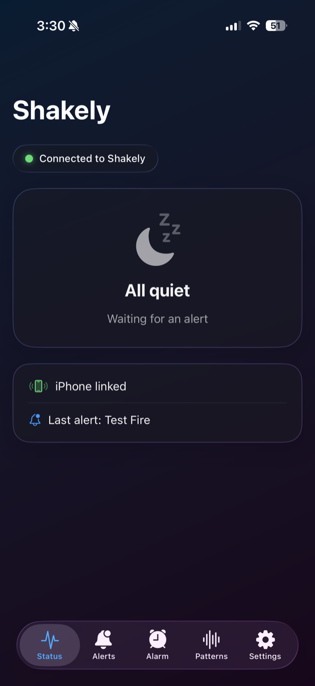Shakely Status screen — connected, all quiet, iPhone linked